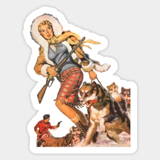 REVISTANGO #61 - Arctic Huntress—Blonde Woman with Rifle and Sled Dogs Braving Snowstorm in 1950s Vintage Pulp Adventure Illustration of Courage, Survival, and Northern Danger Sticker